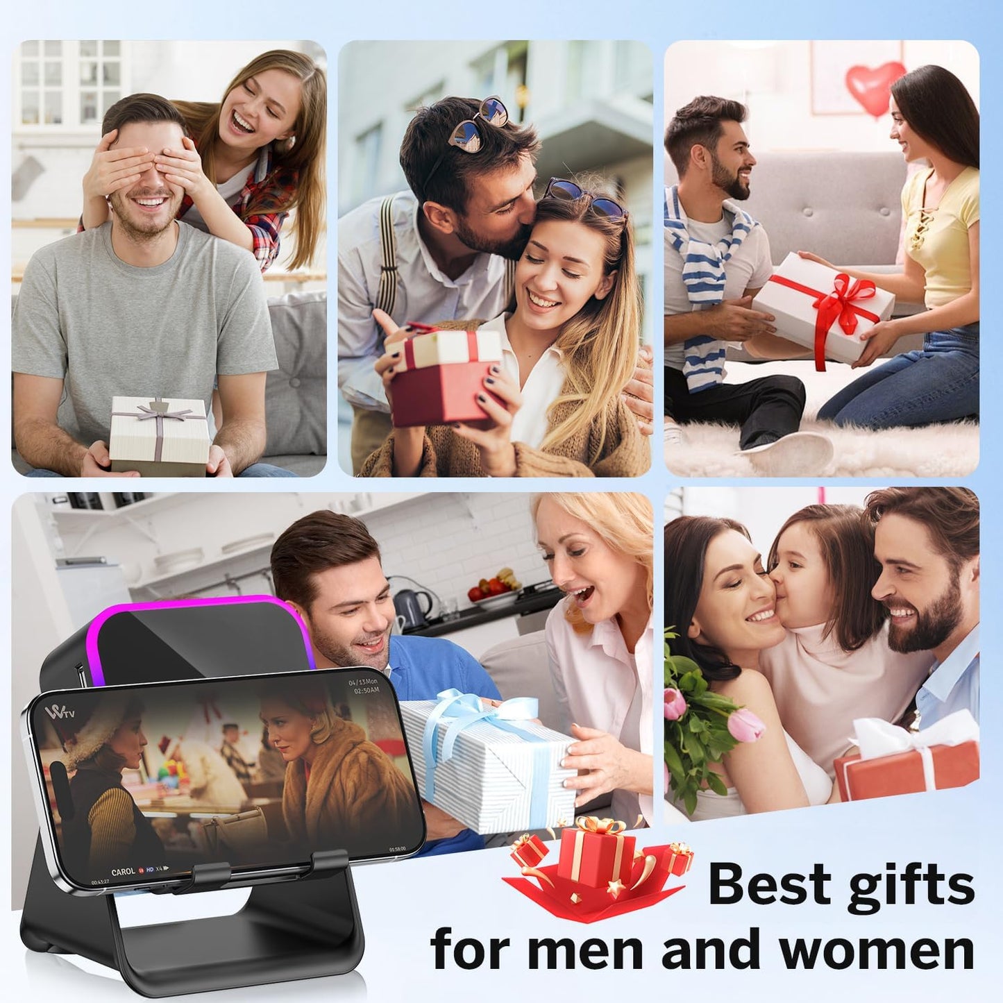 Wireless Induction Speaker 5-in-1 Bluetooth Speaker with Phone Stand,Stereo Sound, 3500mAh Rechargeable, 8 RGB Ambient Light, 360° Adjustable Holder for iPhone/Android/iPad,Gifts for Men Women (Black)