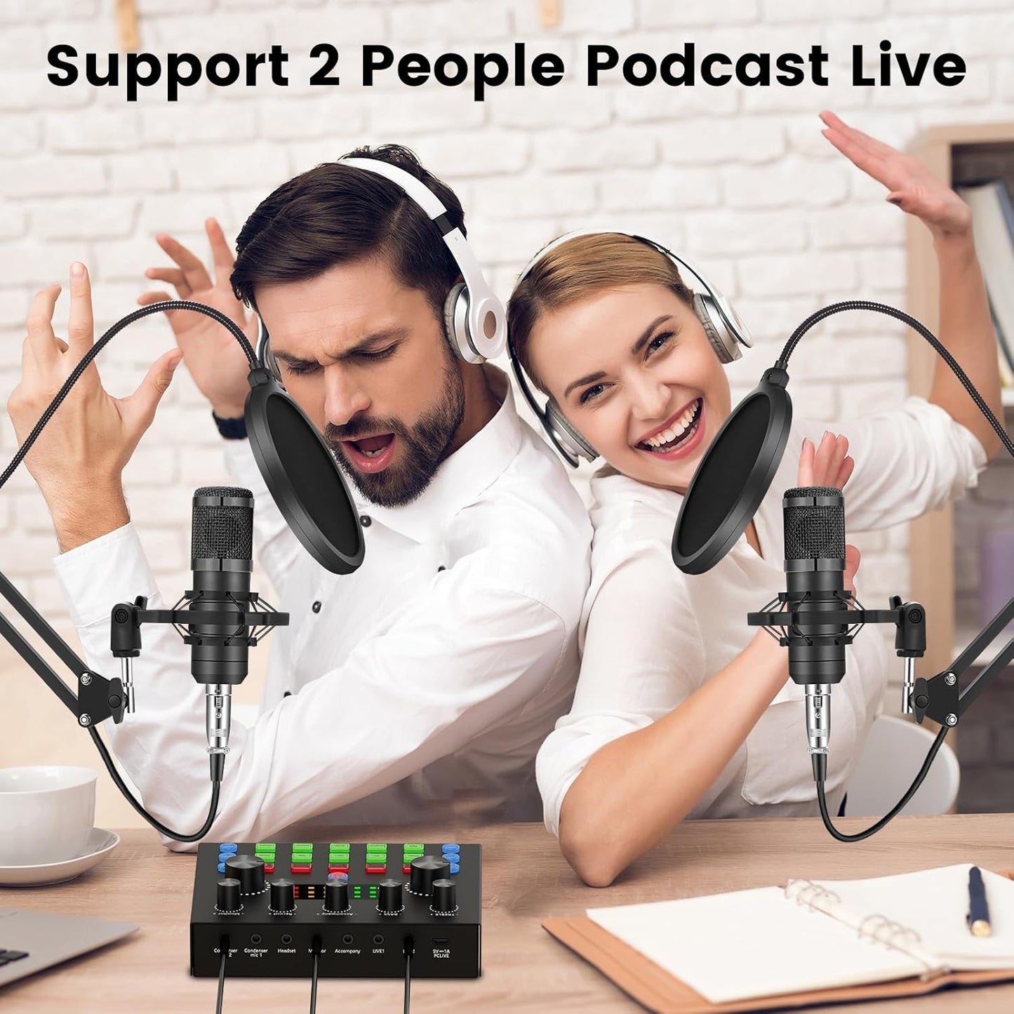 Podcast Equipment Bundle for 2, Audio Interface with Voice Changer Condenser Microphones for Gamer, All-in-One Audio Mixer Perfect for Live Streaming, Singing, YouTube, Gaming