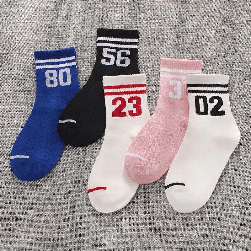 Cotton Mid-Calf Socks with Stripes and Letters